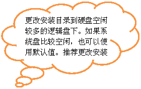 云形标注: 更改安装目录到硬盘空闲较多的逻辑盘下。如果系统盘比较空闲,也可以使用默认值。推荐更改安装目录,因为需要空间较大
